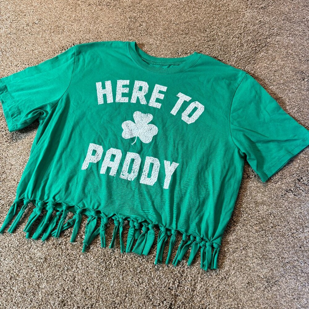 Here To Paddy Green Short Sleeve Shirt Crop Tie St Patrick's Party Tshirt Size L